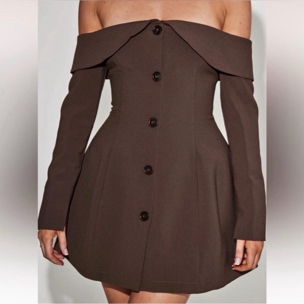 Odd Muse Off-Shoulder Brown Button-Front Mini Dress